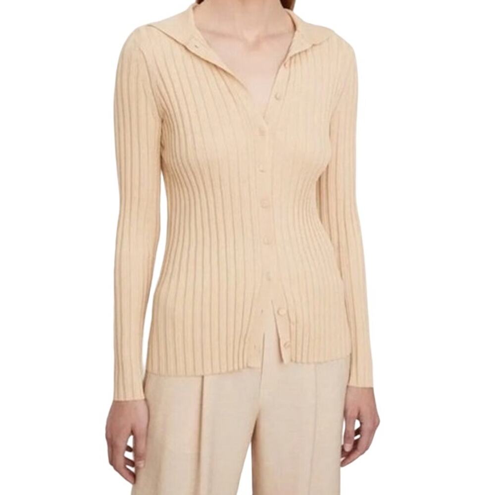 Vince Beige Ribbed Button-Up Cardigan